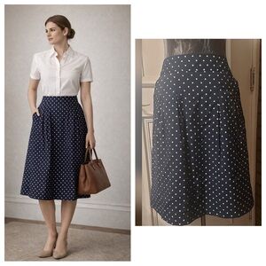 Navy Polka Dot A-Line Skirt Size 8 Vintage Feminine Classic Retro